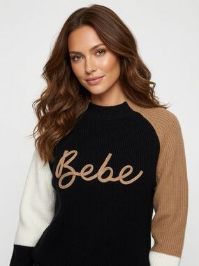 BEBE Black Ribbed Knit Top with Logo Tag Size S